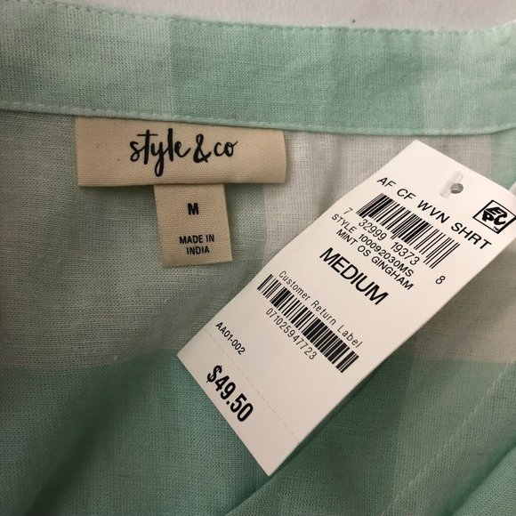 Style & Co Top Tie Front Oversized Cotton Linen Blend Gingham Plaid Mint Green M - Picture 3 of 4